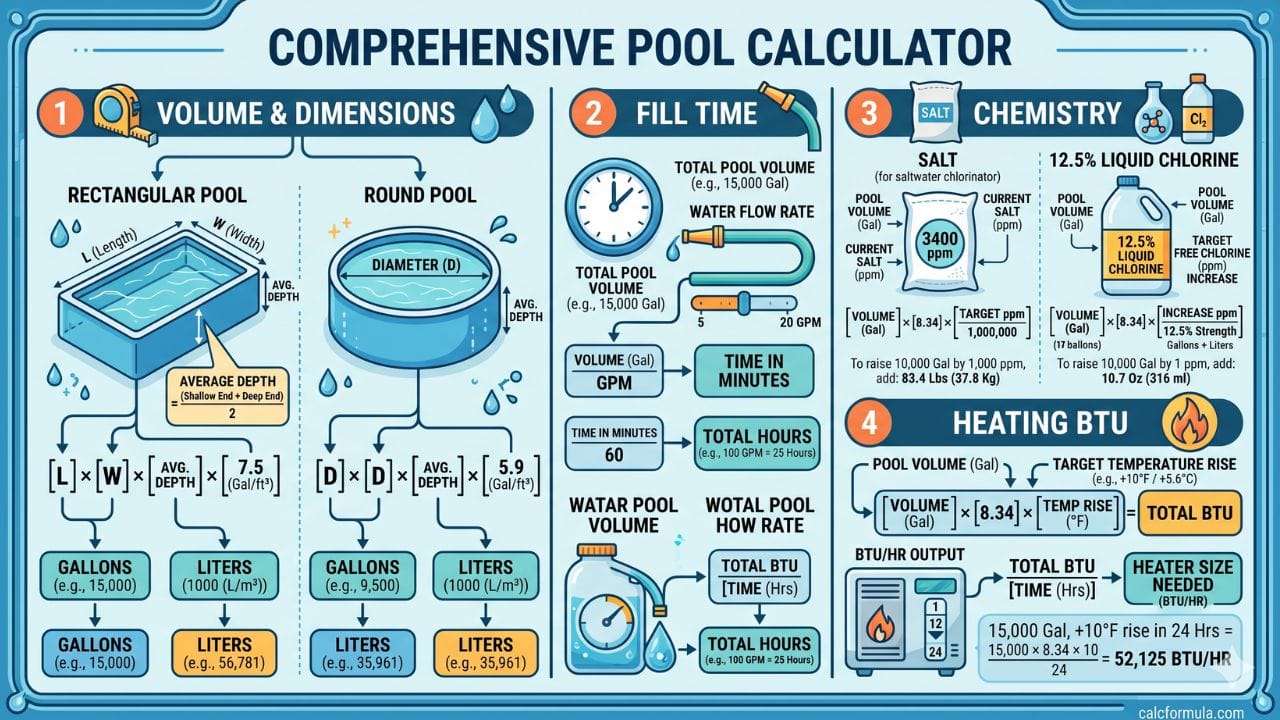 Pool Calculator – Gallons, Salt & Fill Time
