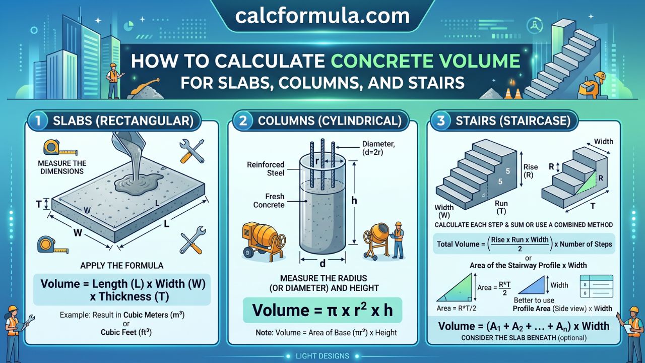 How to Calculate Concrete Volume for Slabs, Columns, and Stairs