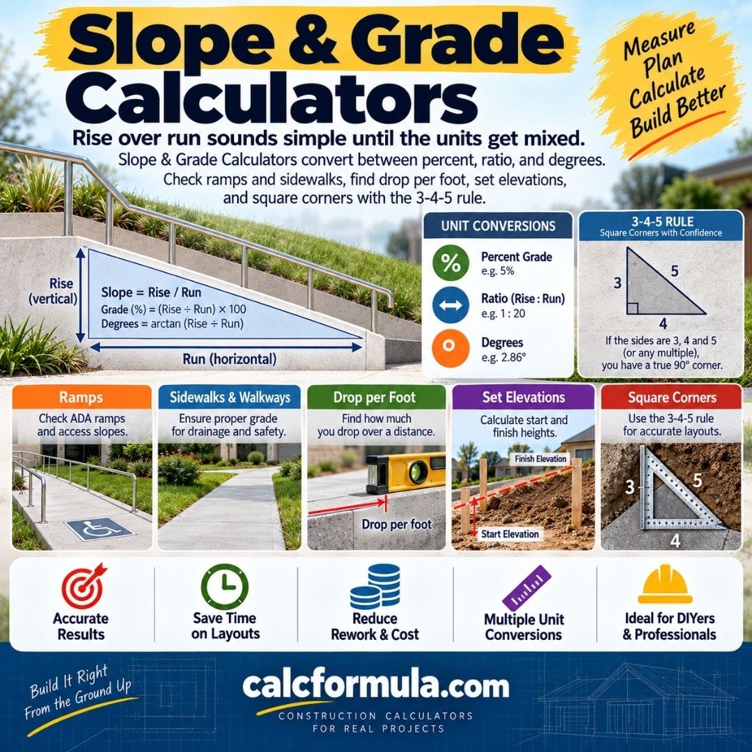Slope & Grade Calculators: Percent, Degrees, Ramps & Layout